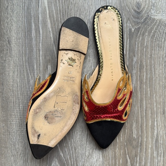 CHARLOTTE OLYMPIA Black Suede And Red Snake-printed Leather mules Size 37/7 - Picture 10 of 11
